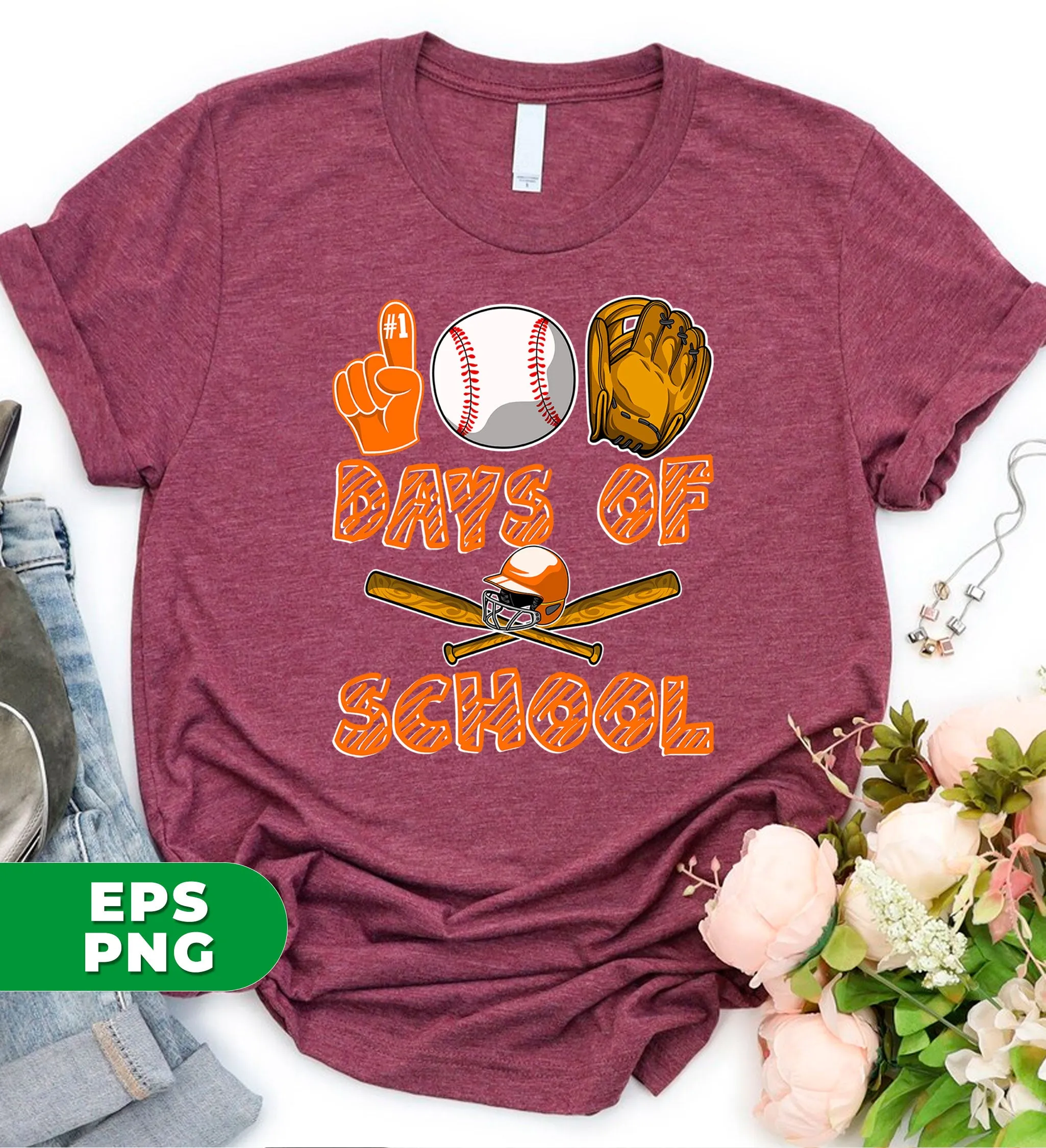 100 Days Of School, Baseball Lover, Baseball Player, Digital Files, Png Sublimation