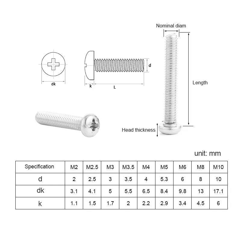 10/20/50pcs Cross Recessed Pan Round Head  M1.2 M1.4 M1.6 M2 M2.5 M3 M4 M5 M6 M8 Stainless Steel Phillips Machine Screw