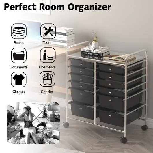 12 Drawers Rolling Cart Storage Scrapbook Paper Organizer Bins-Black