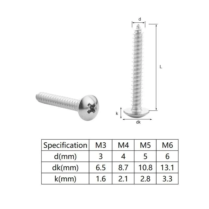 20/55pcs Cross Recessed Truss Head Self-tapping Screw 304 Stainless Steel M3 M4 M5 M6 Phillips Mushroom Head Wood Screw