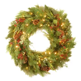 30" White Pine Wreath with Pine Cones and 100 Soft White LED Battery