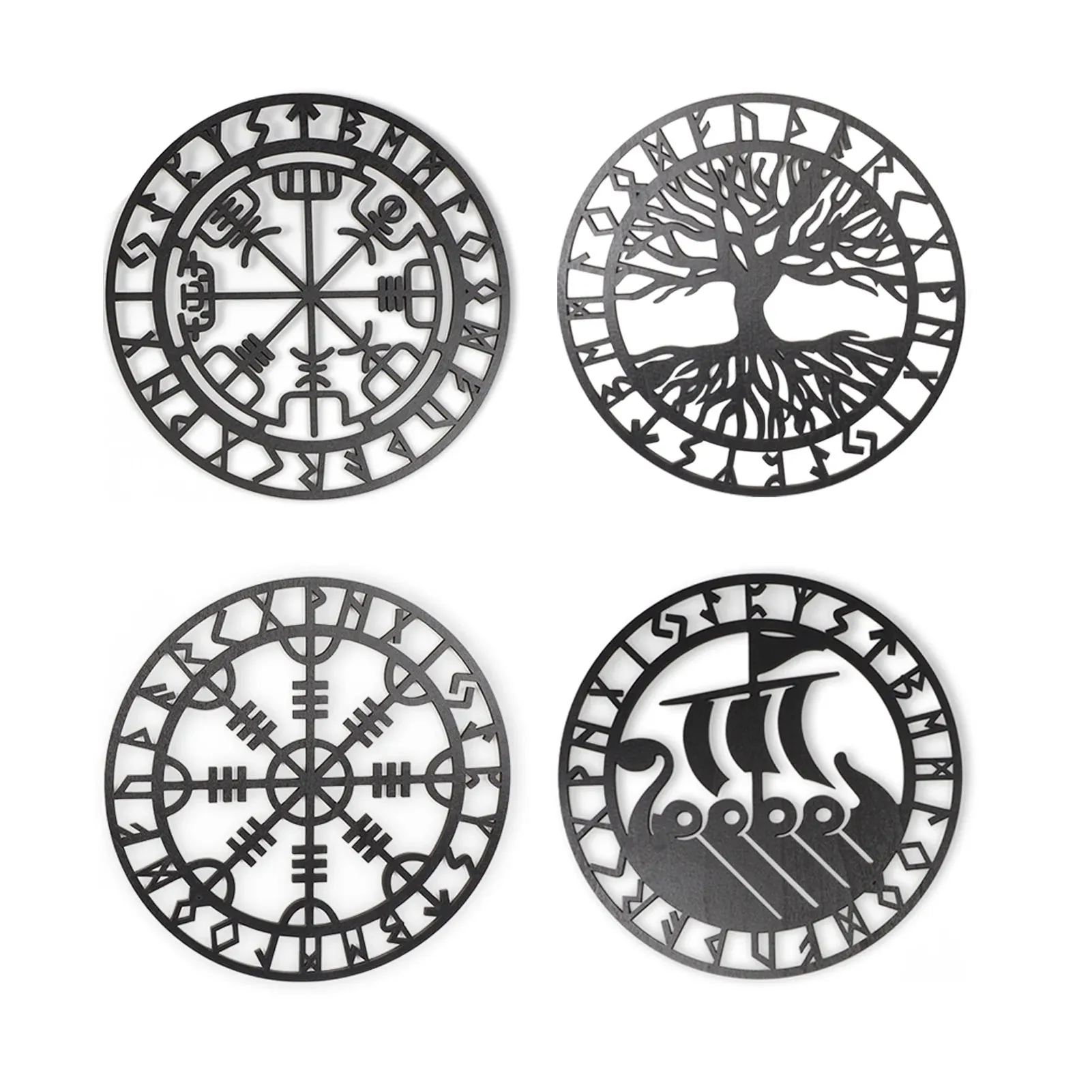 4PCS Set Round Wall Art Nordic Viking Runes Wooden Wall Decor