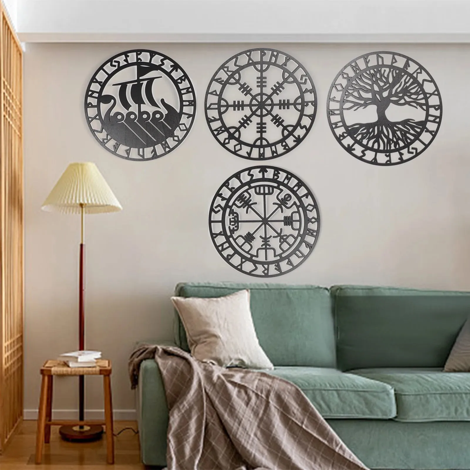 4PCS Set Round Wall Art Nordic Viking Runes Wooden Wall Decor