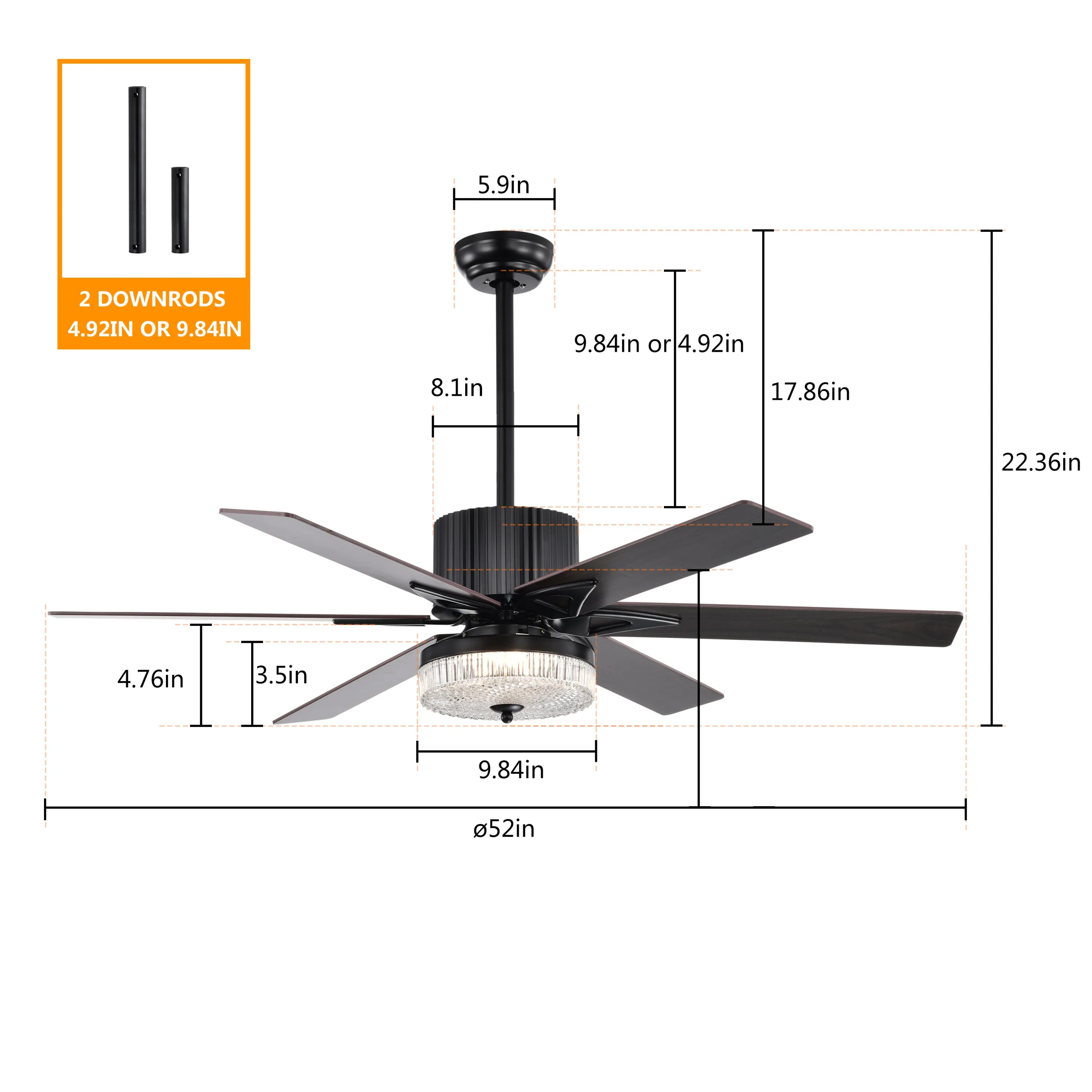 52" Matte Black Modern LED Ceiling Fan Light, 6 Blade Remote Control Ceiling Fan, Reversible Ceiling Fan