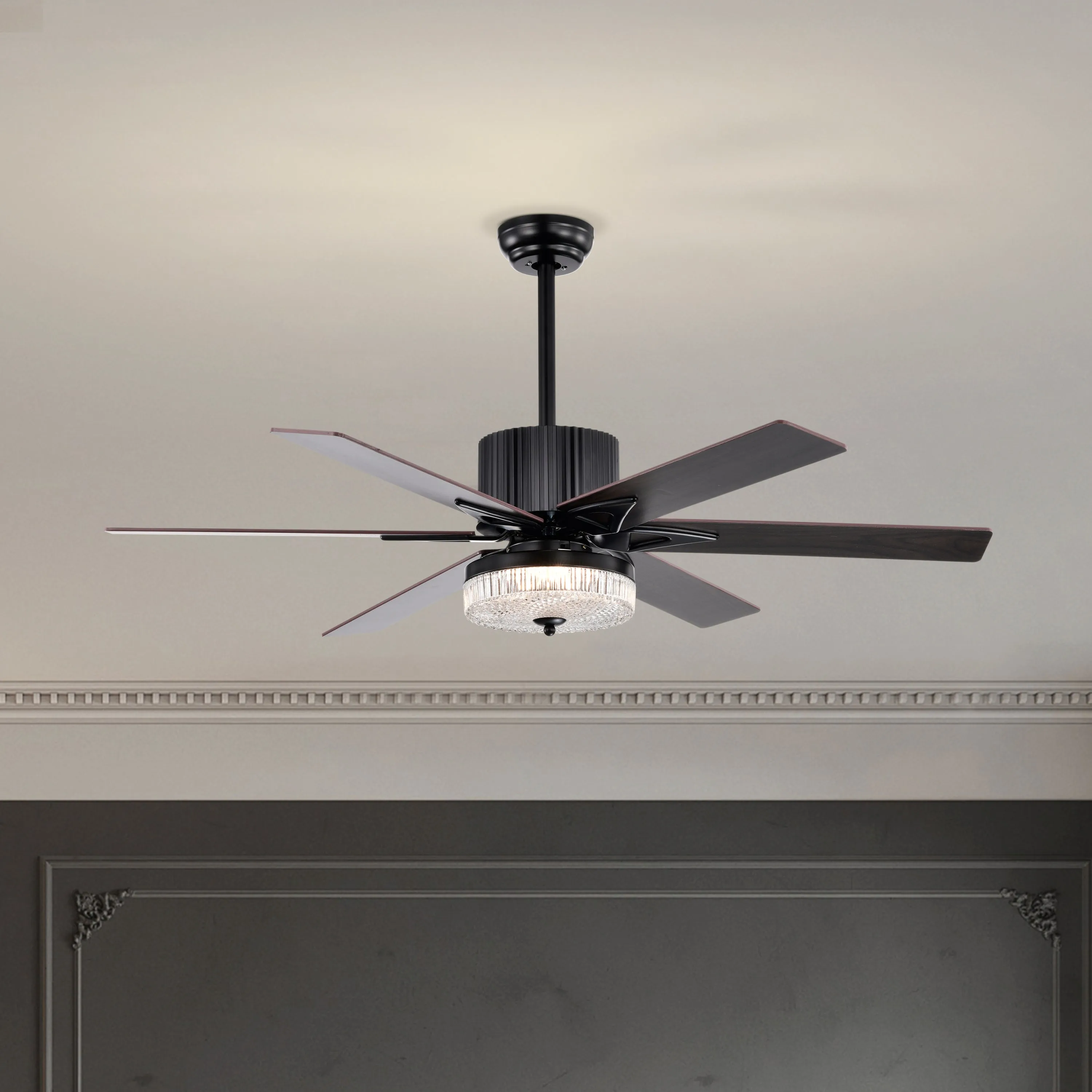 52" Matte Black Modern LED Ceiling Fan Light, 6 Blade Remote Control Ceiling Fan, Reversible Ceiling Fan