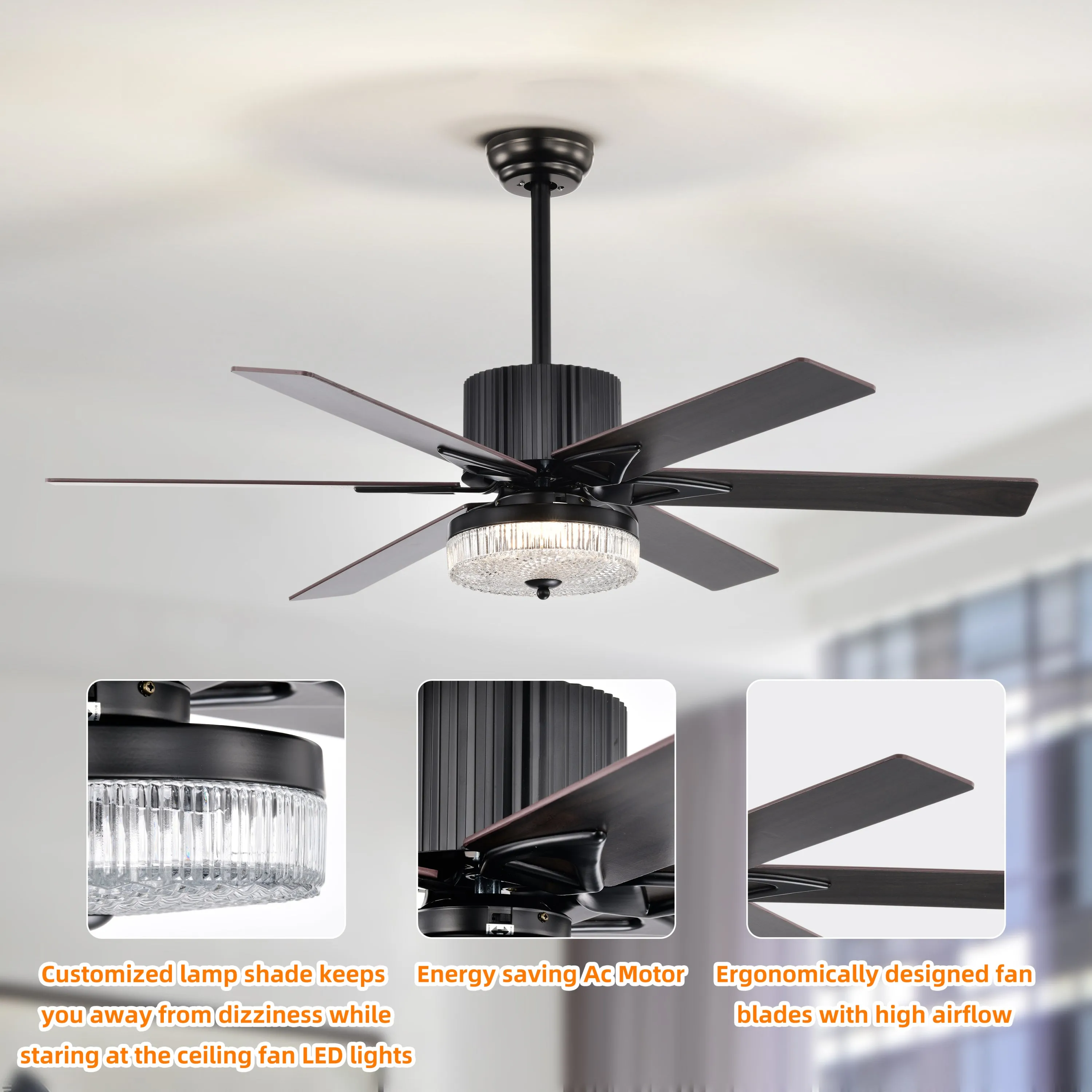 52" Matte Black Modern LED Ceiling Fan Light, 6 Blade Remote Control Ceiling Fan, Reversible Ceiling Fan