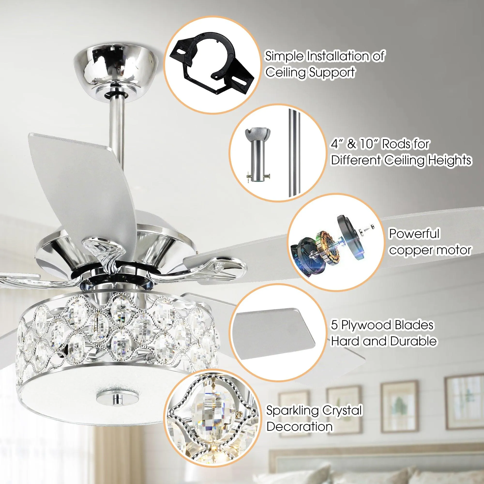 52" Tibuh Modern Downrod Mount Reversible Crystal Ceiling Fan with Lighting and Remote Control