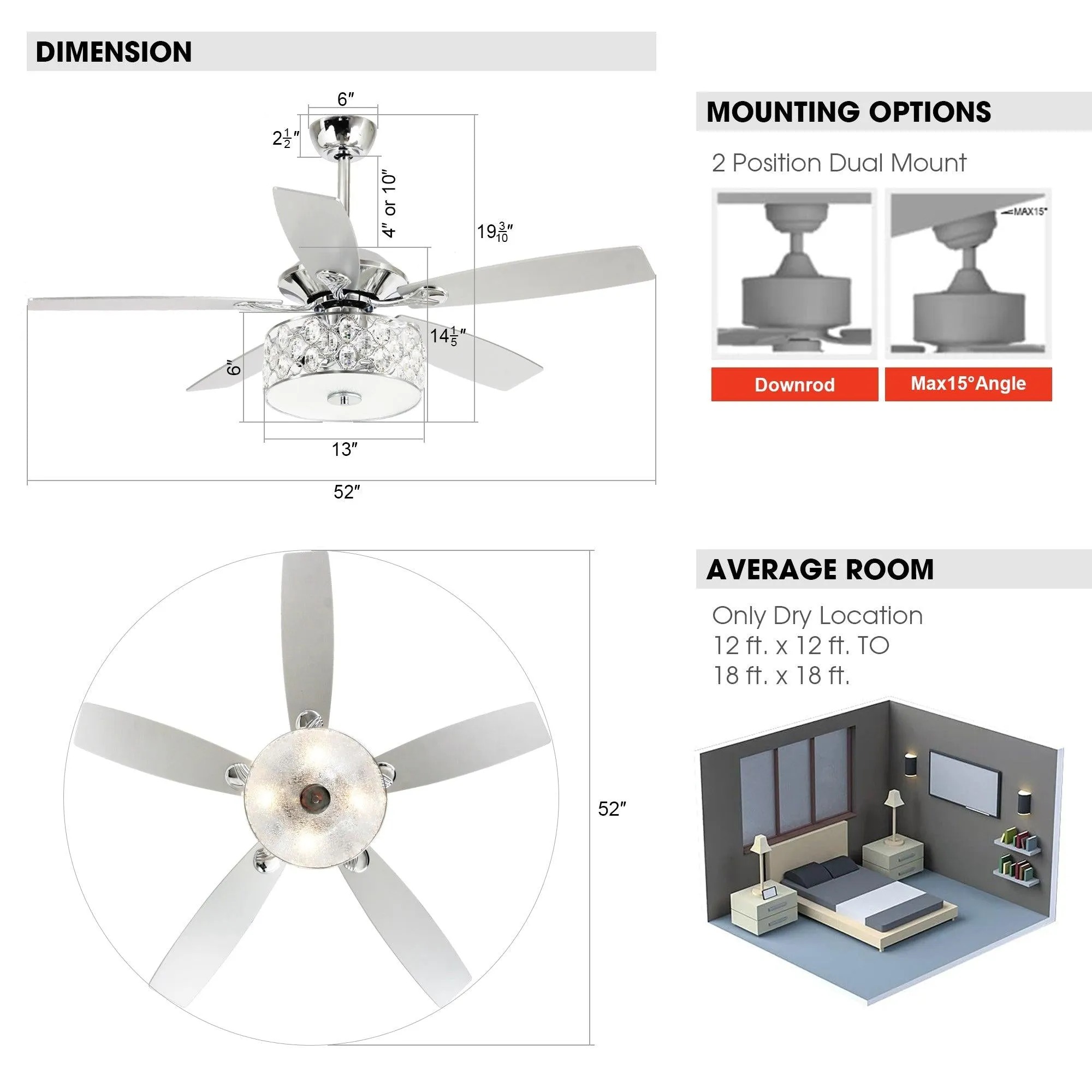 52" Tibuh Modern Downrod Mount Reversible Crystal Ceiling Fan with Lighting and Remote Control