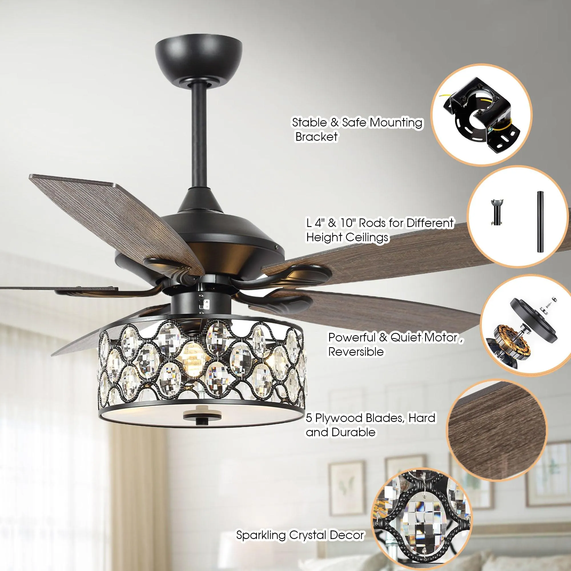 52" Tibuh Modern Downrod Mount Reversible Crystal Ceiling Fan with Lighting and Remote Control