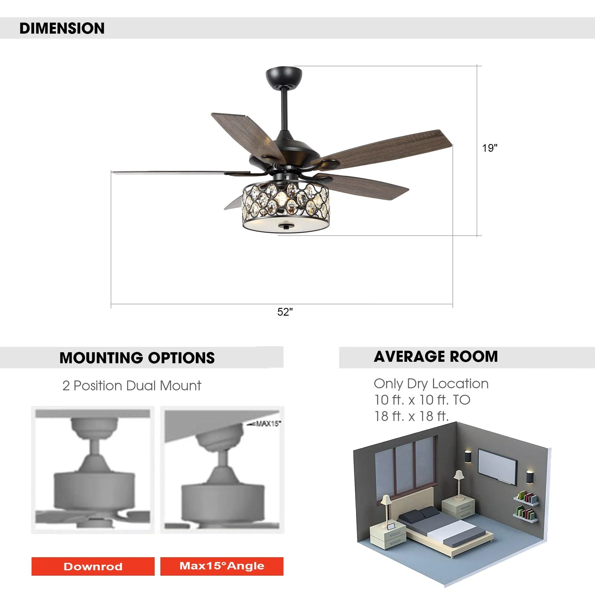 52" Tibuh Modern Downrod Mount Reversible Crystal Ceiling Fan with Lighting and Remote Control