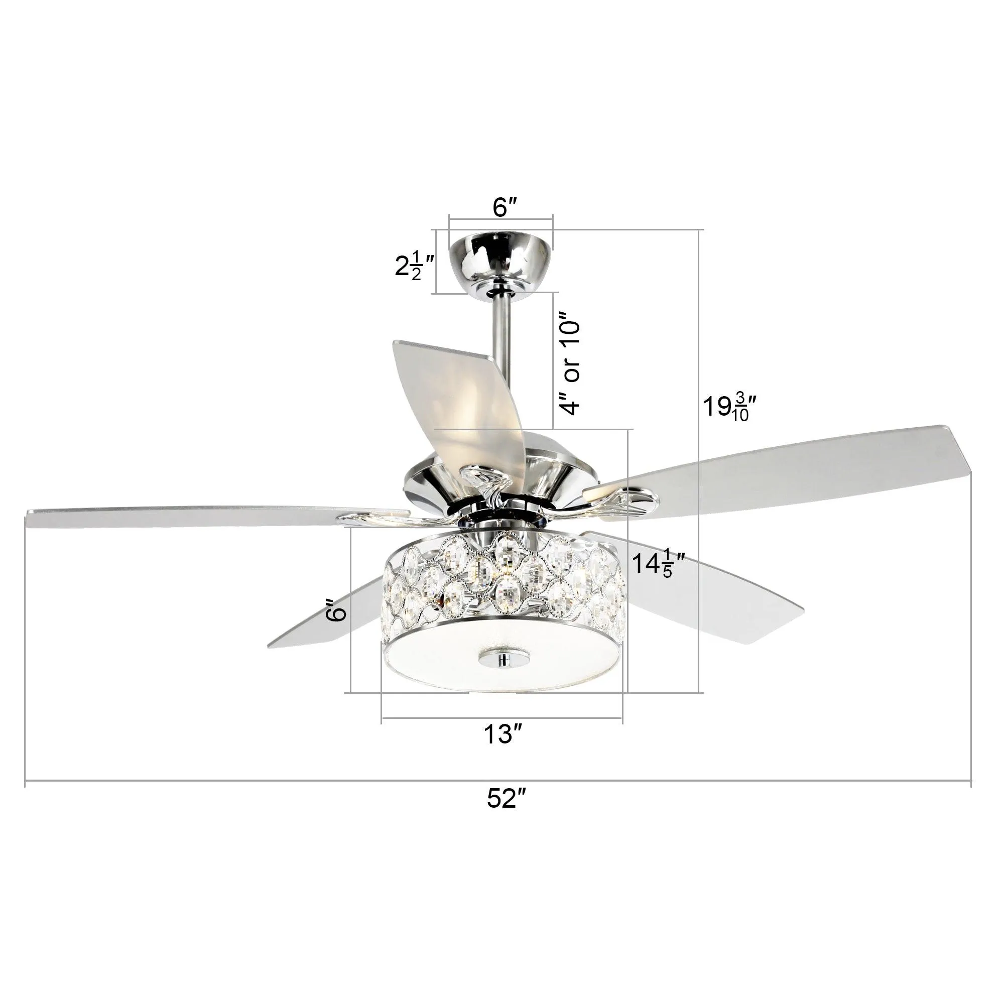 52" Tibuh Modern Downrod Mount Reversible Crystal Ceiling Fan with Lighting and Remote Control