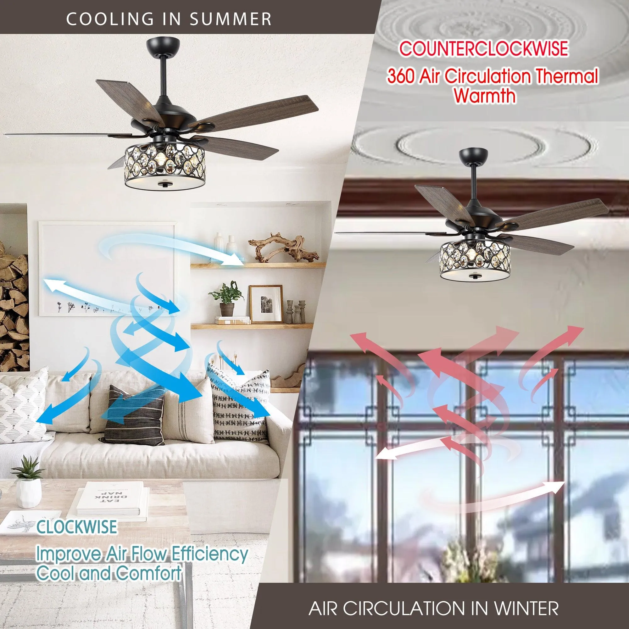 52" Tibuh Modern Downrod Mount Reversible Crystal Ceiling Fan with Lighting and Remote Control