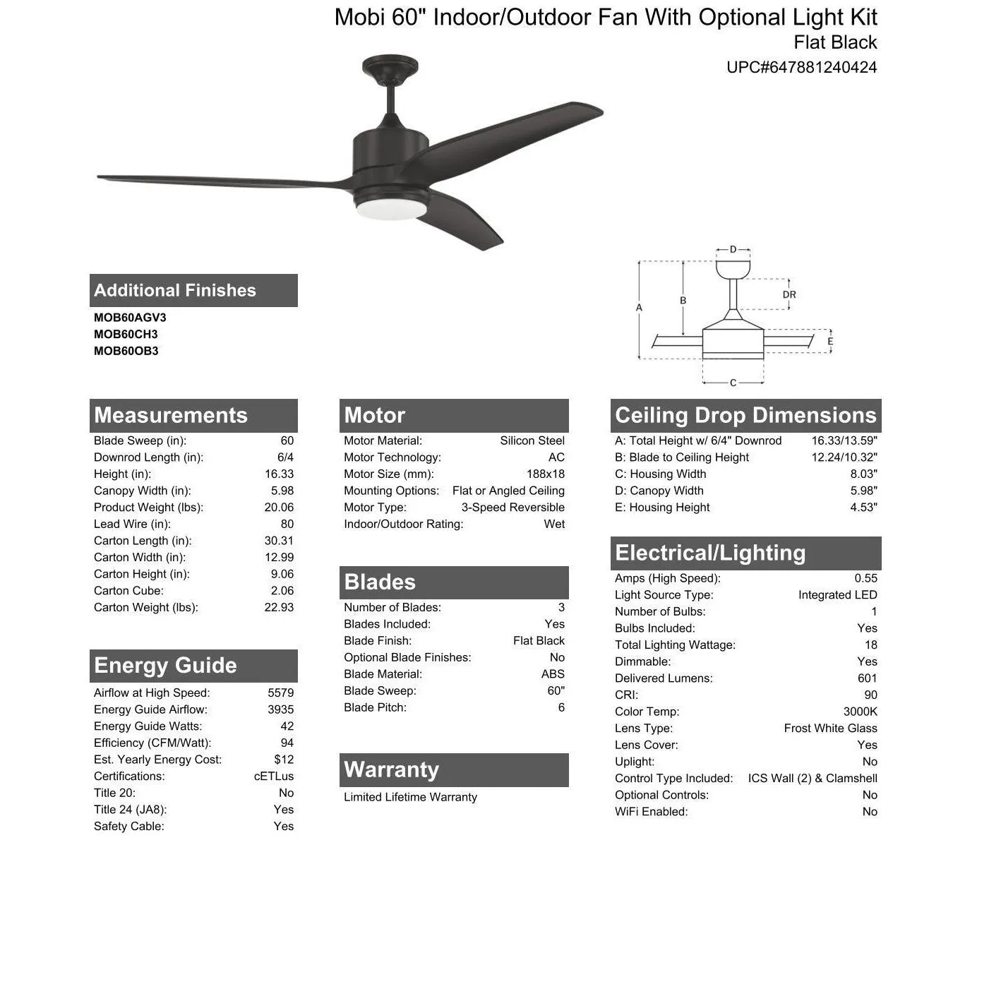 60" Mobi Indoor/Outdoor (Wet) in Flat Black w/ Flat Black Blades