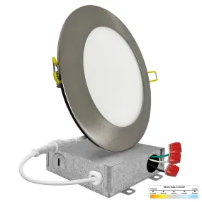 6" Inch Brushed Nickel Canless Recessed Lighting Slim LED Wafer Lights with Emergency Battery Back Up - Wet Rated - 5CCT 2700K-5000K - 1050LM