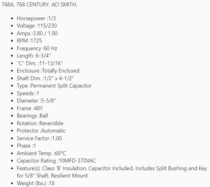 768A, century, 768, 1/3 hp,1725 rpm, 115/230v,FR:48 ,tenv, exhaust fan