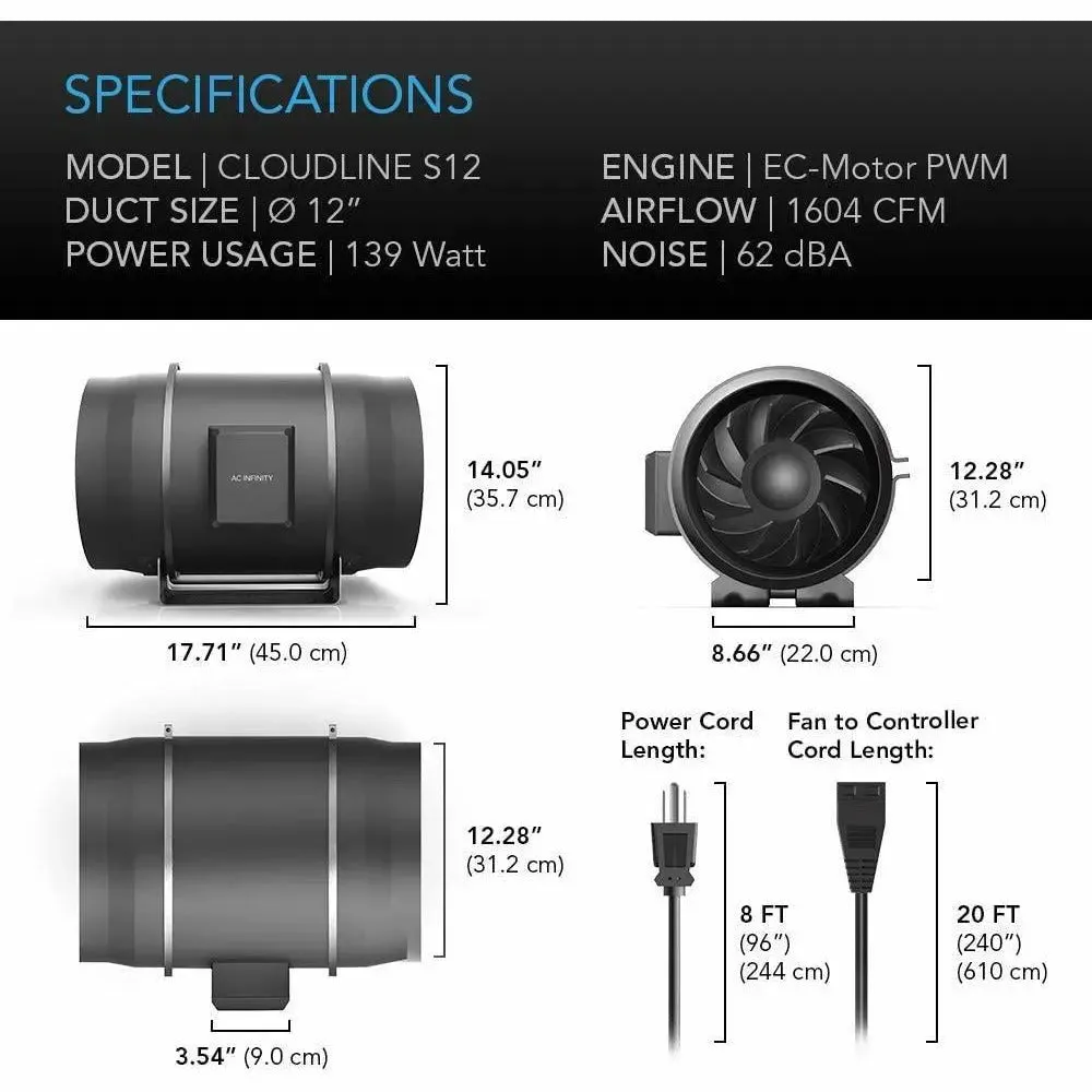 AC Infinity CLOUDLINE S12 Inline Duct Fan System with Speed Controller, 12"