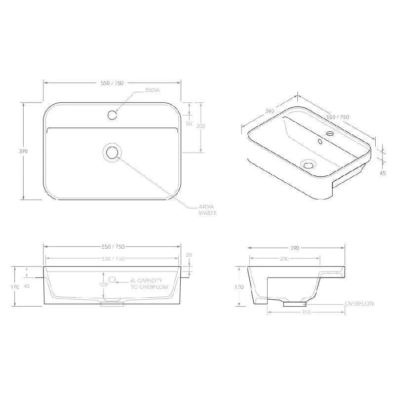 ADP Miya 550 Semi-Recessed Solid Surface Basin