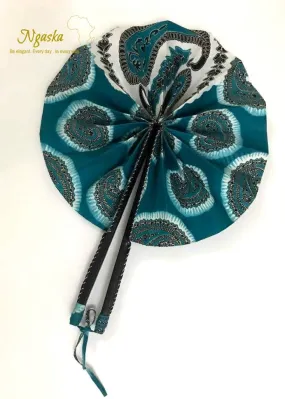 African Ankara Leather Handheld Fan, Teal - AF1