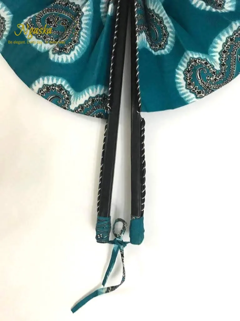 African Ankara Leather Handheld Fan, Teal - AF1