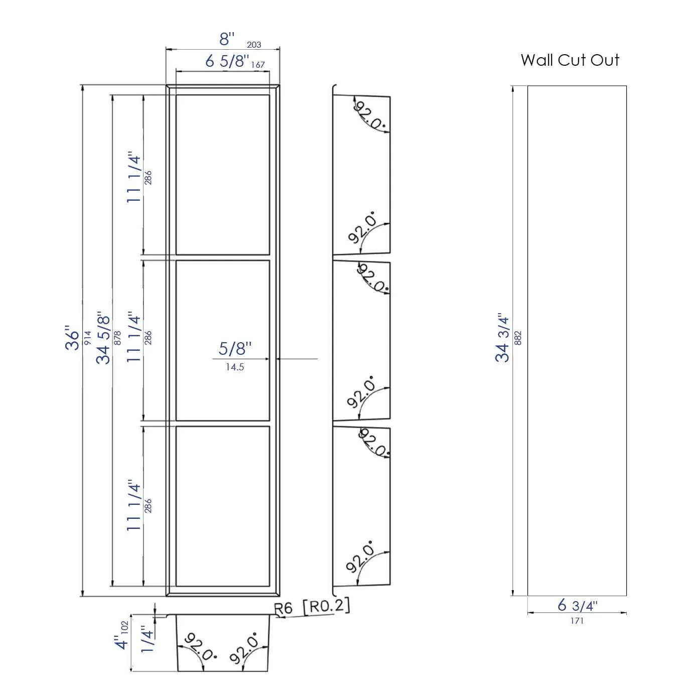 ALFI ABN0836-PSS 8 x 36 Polished Stainless Steel Vertical Triple Shelf Bath Shower Niche