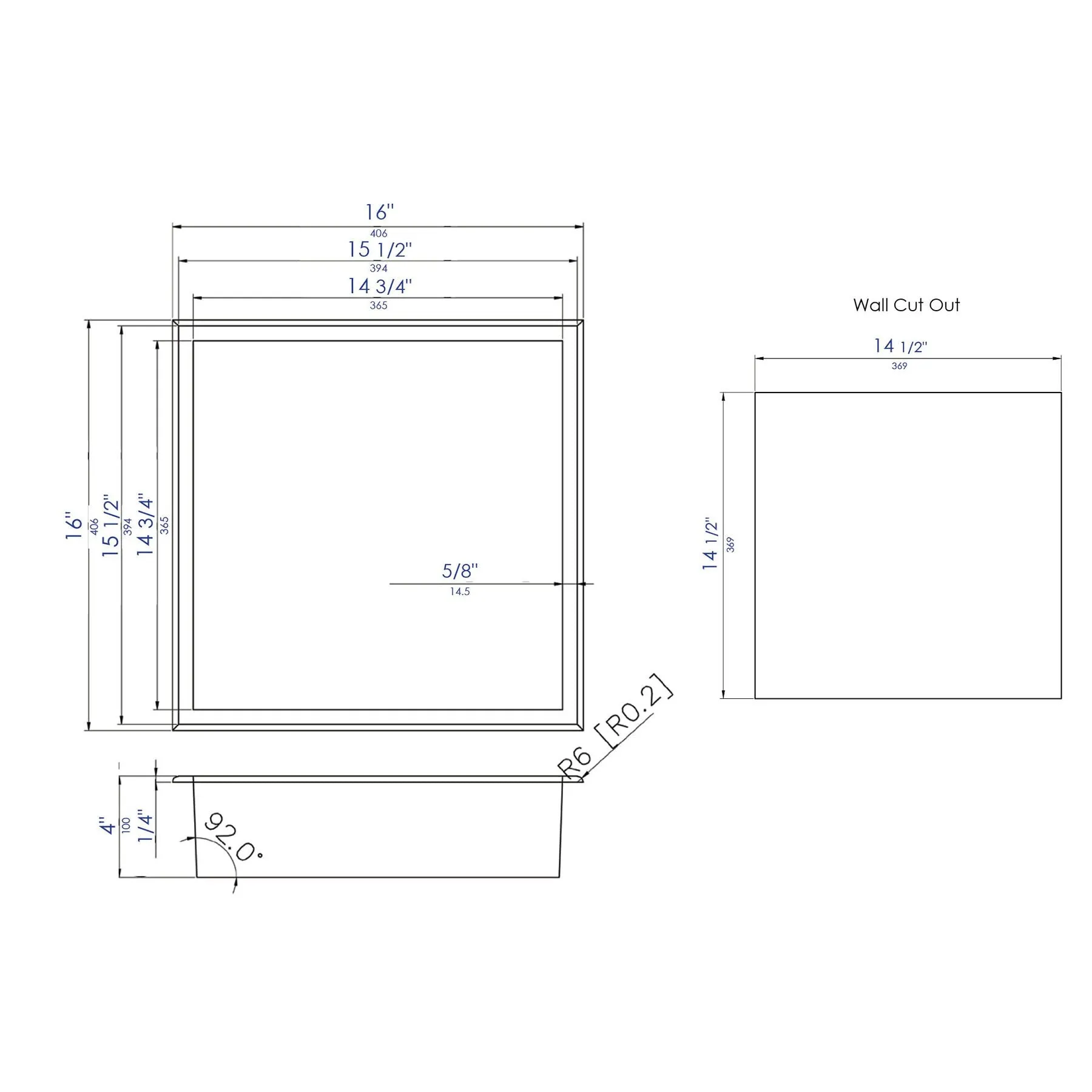 ALFI ABN1616-BSS Brand 16 x 16 Brushed Stainless Steel Square Single Shelf Bath Shower Niche