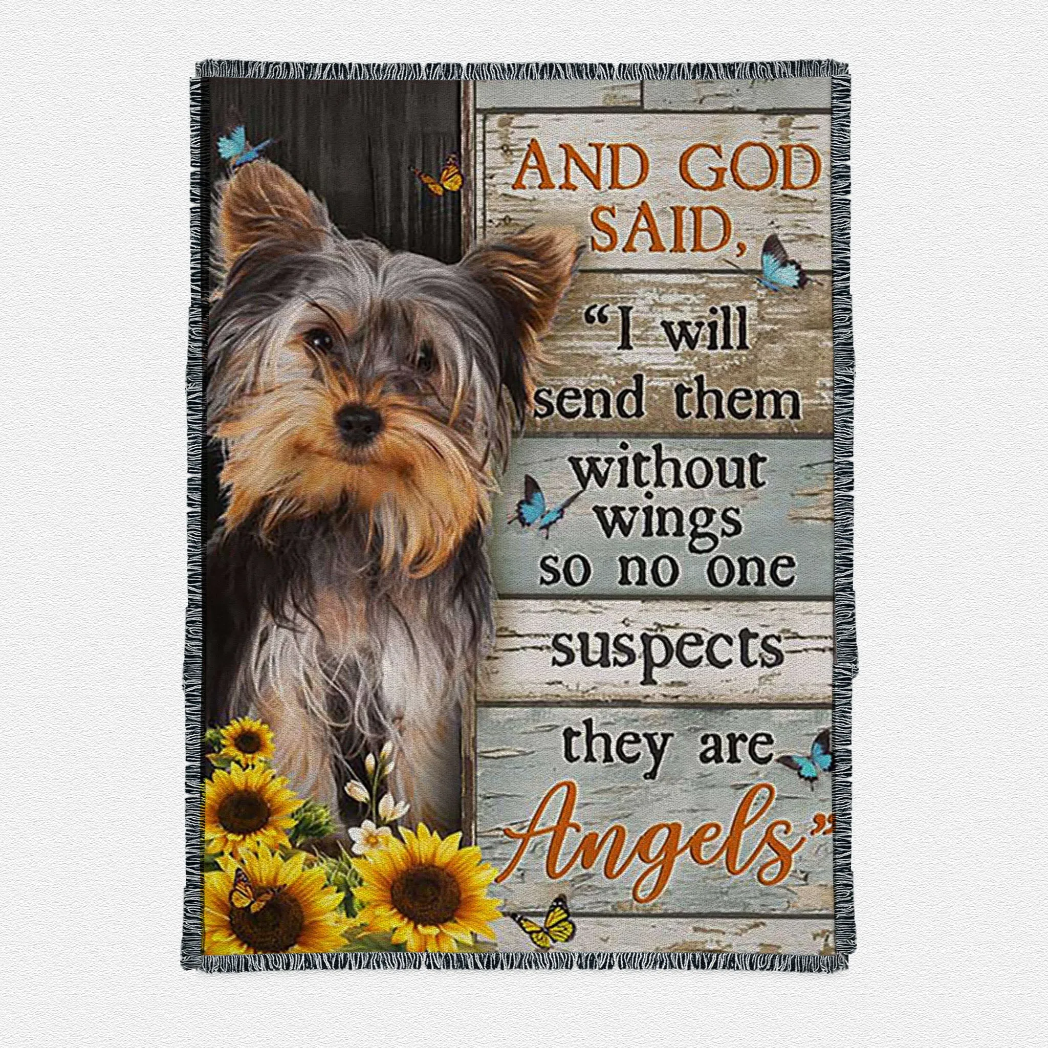 And God Said Little Yorkshire Terrier Sunflower Butterfly Woven Throw Blanket Art - Bible Verse Boho Blanket - Christian Inspirational Decor