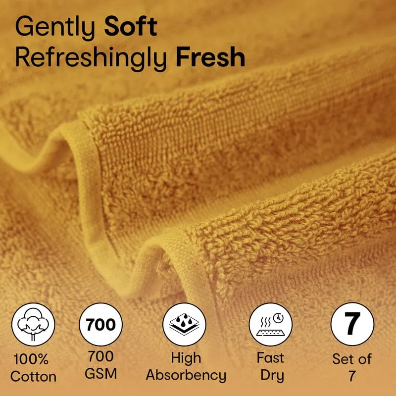 Anko Australia 100% Cotton 700 GSM Ribbed Towel Set | 1 Bath Towel, 2 Hand Towels, 4 Face Towels | Super-Soft, Absorbent, Quick-Drying | Mustard Cotton Towels for Bath, Travel & Gym |