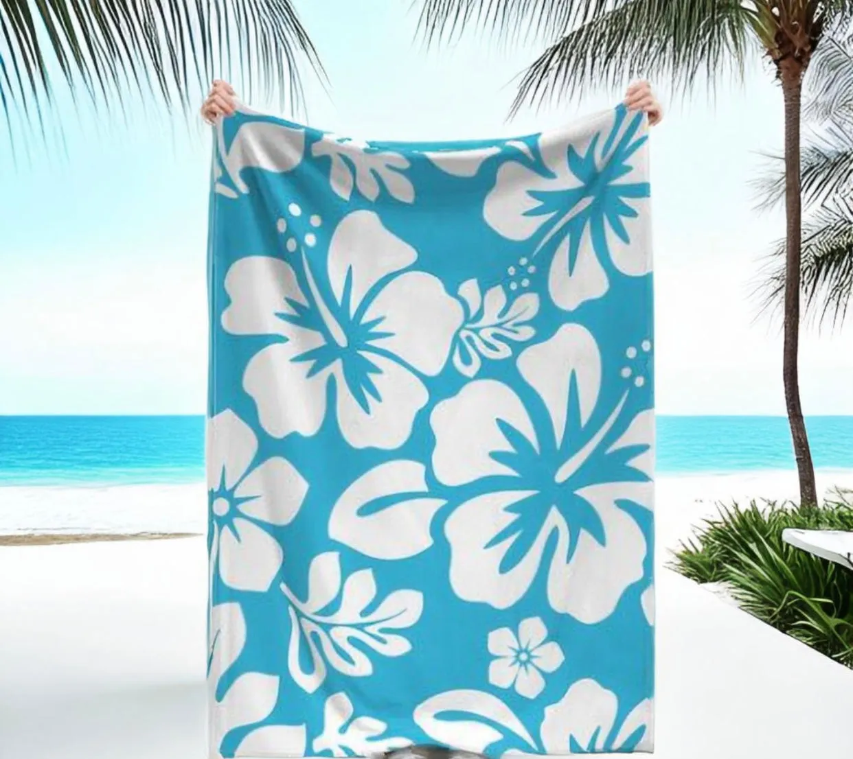 Aqua Blue and White Hawaiian Flowers Minky Throw Blanket