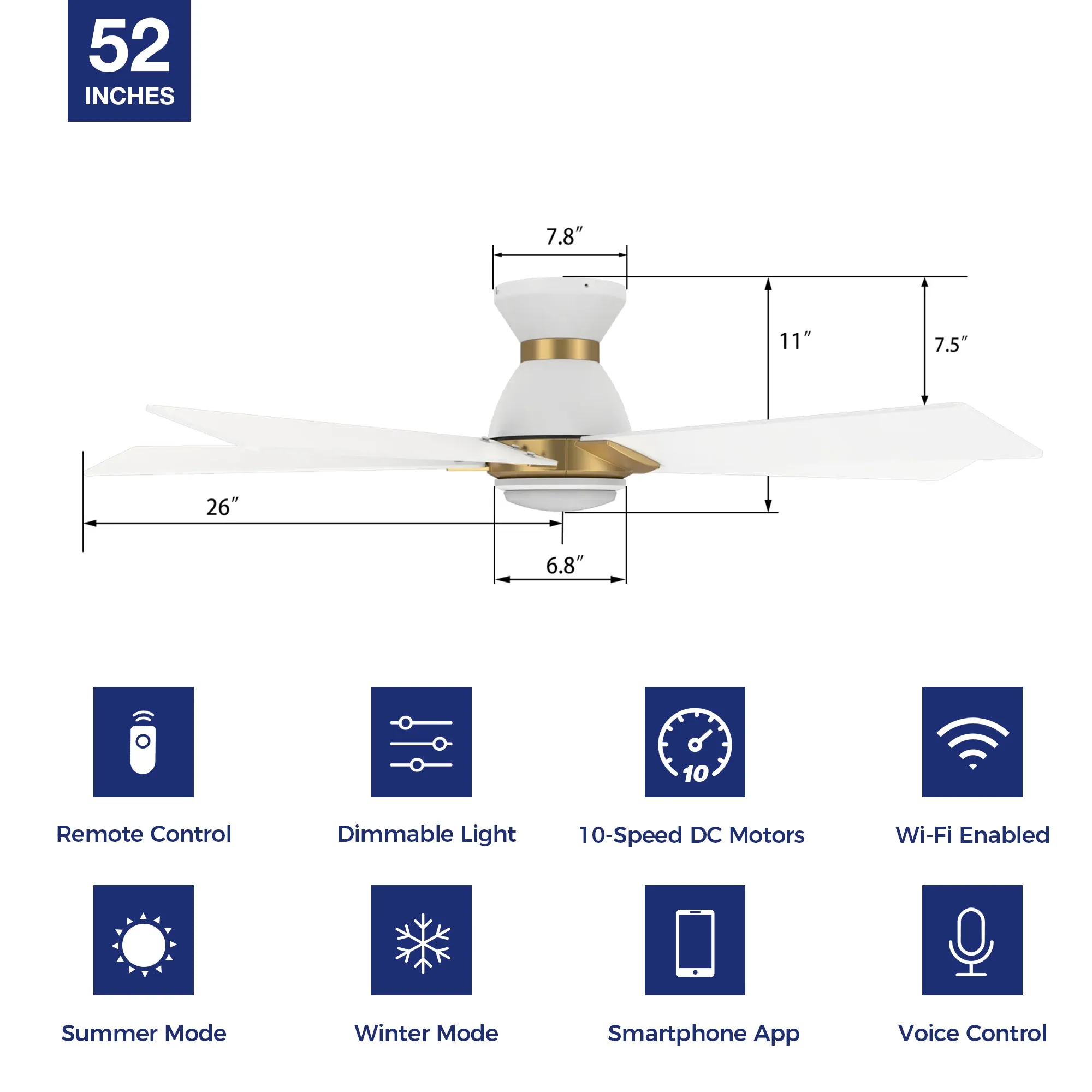 Aspen Low Profile Outdoor/Indoor Smart Ceiling Fan with LED Light 52”