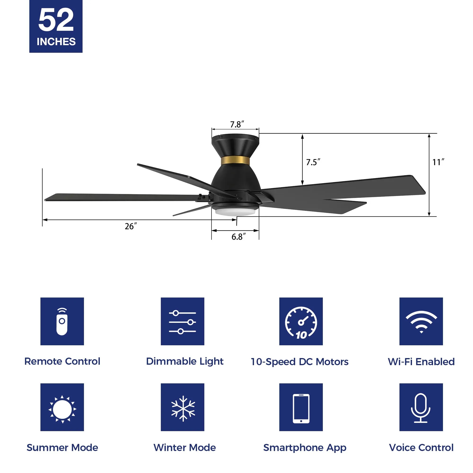 Aspen Low Profile Outdoor/Indoor Smart Ceiling Fan with LED Light 52”