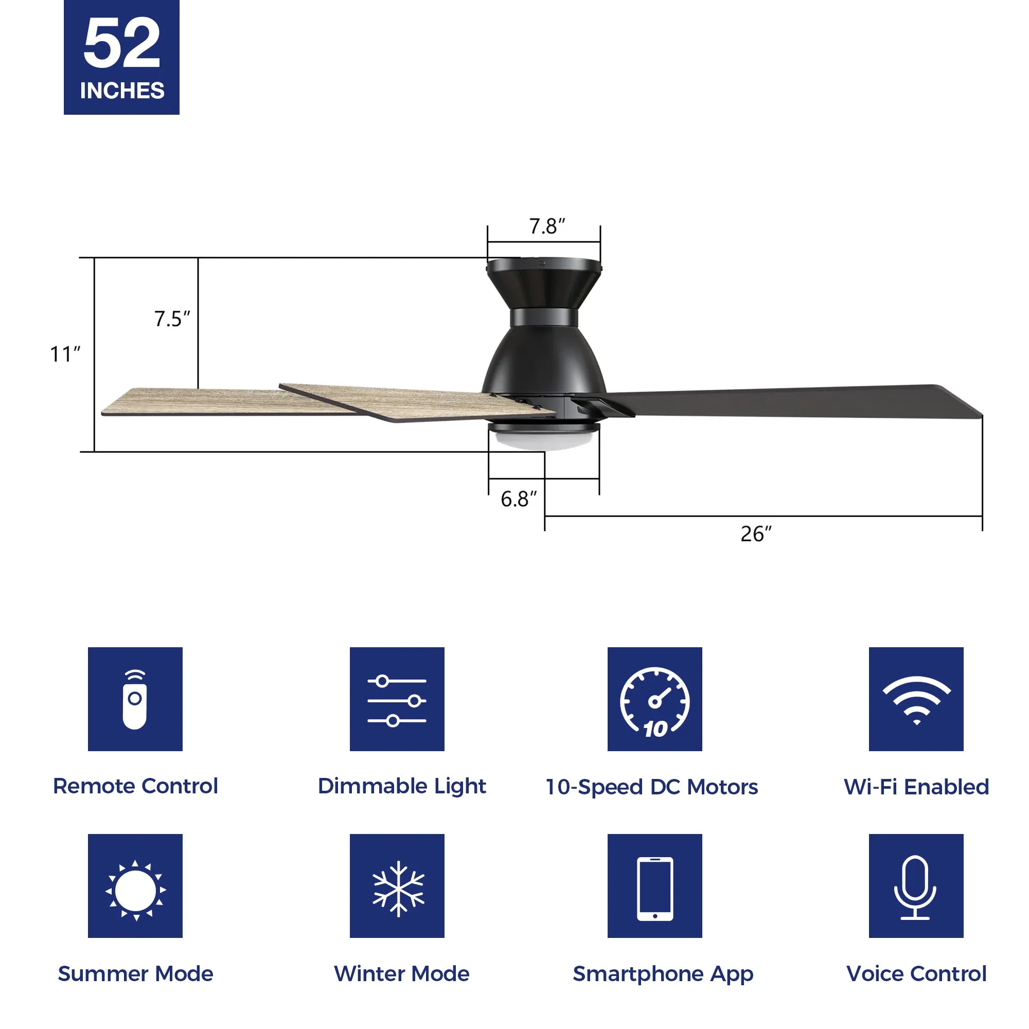 Aspen Low Profile Outdoor/Indoor Smart Ceiling Fan with LED Light 52”