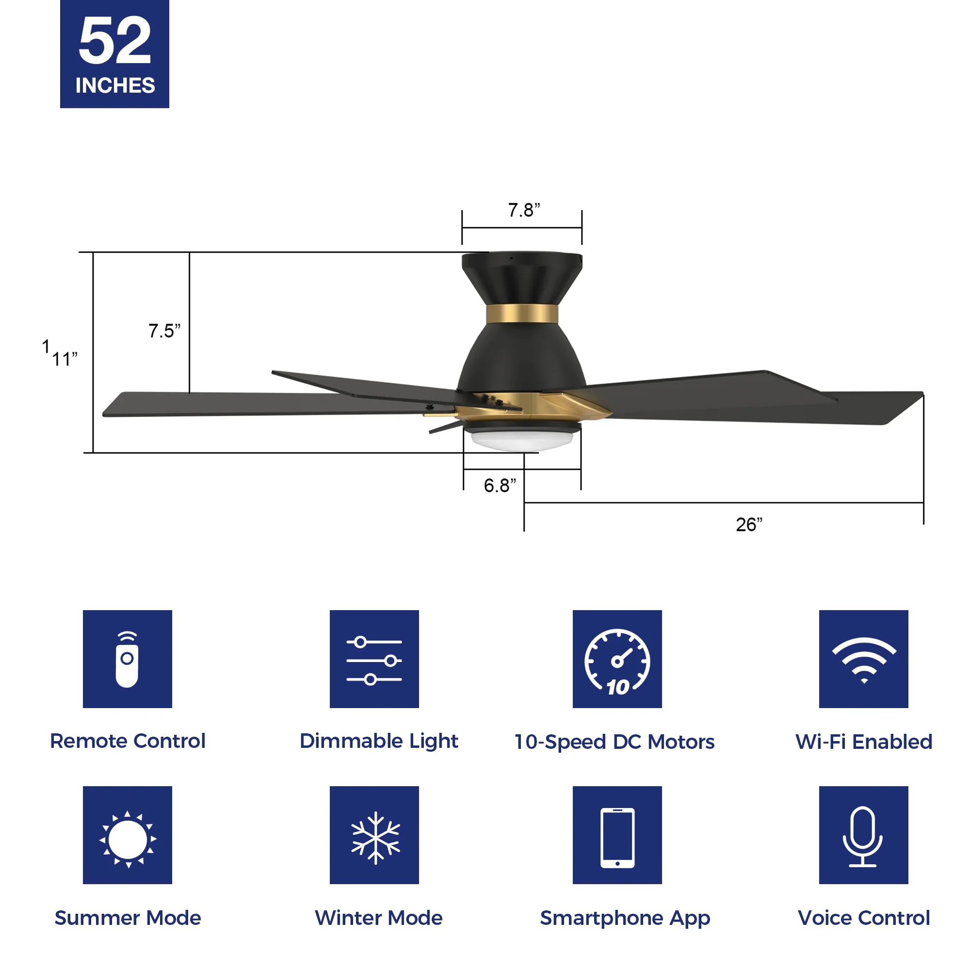 Aspen Low Profile Outdoor/Indoor Smart Ceiling Fan with LED Light 52”