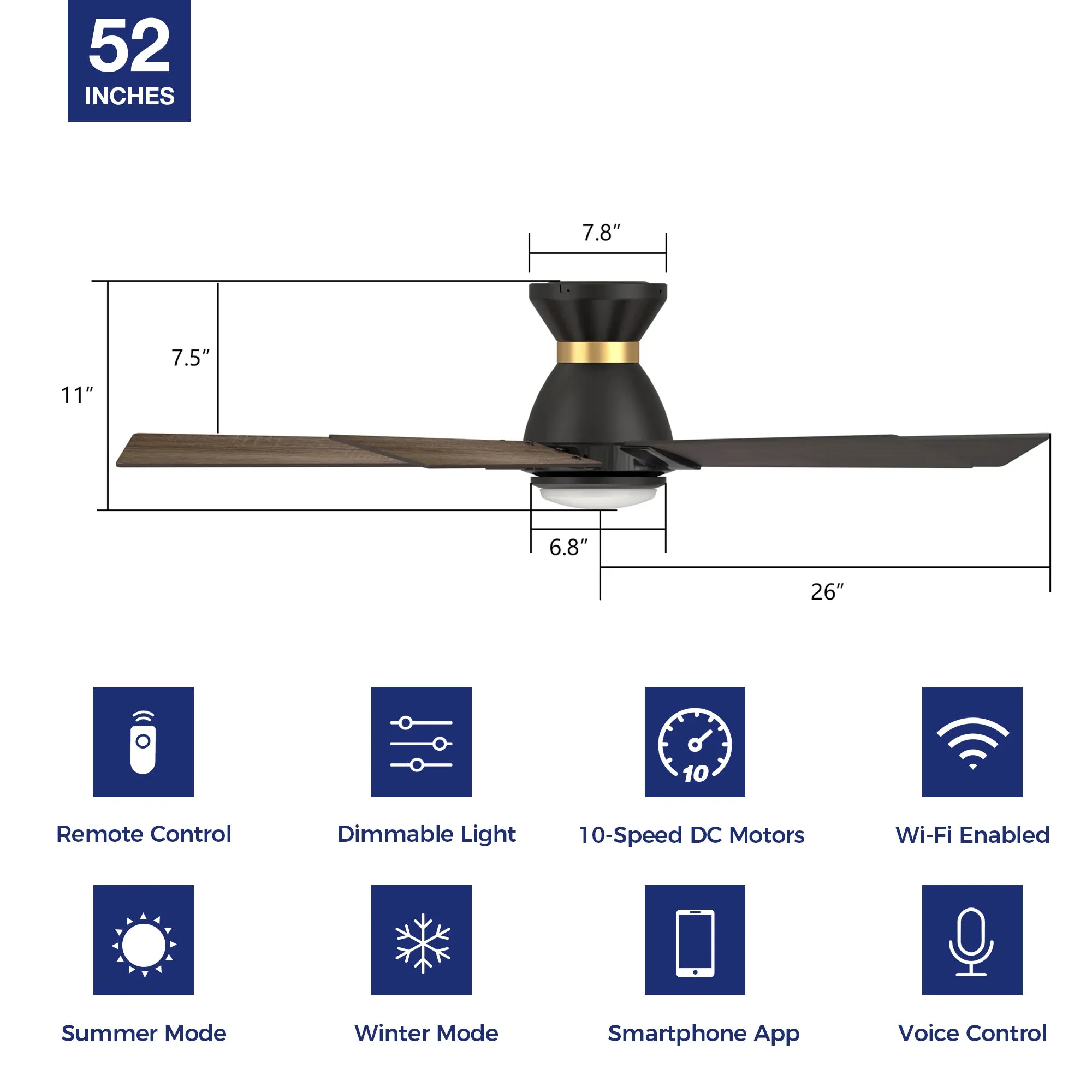 Aspen Low Profile Outdoor/Indoor Smart Ceiling Fan with LED Light 52”