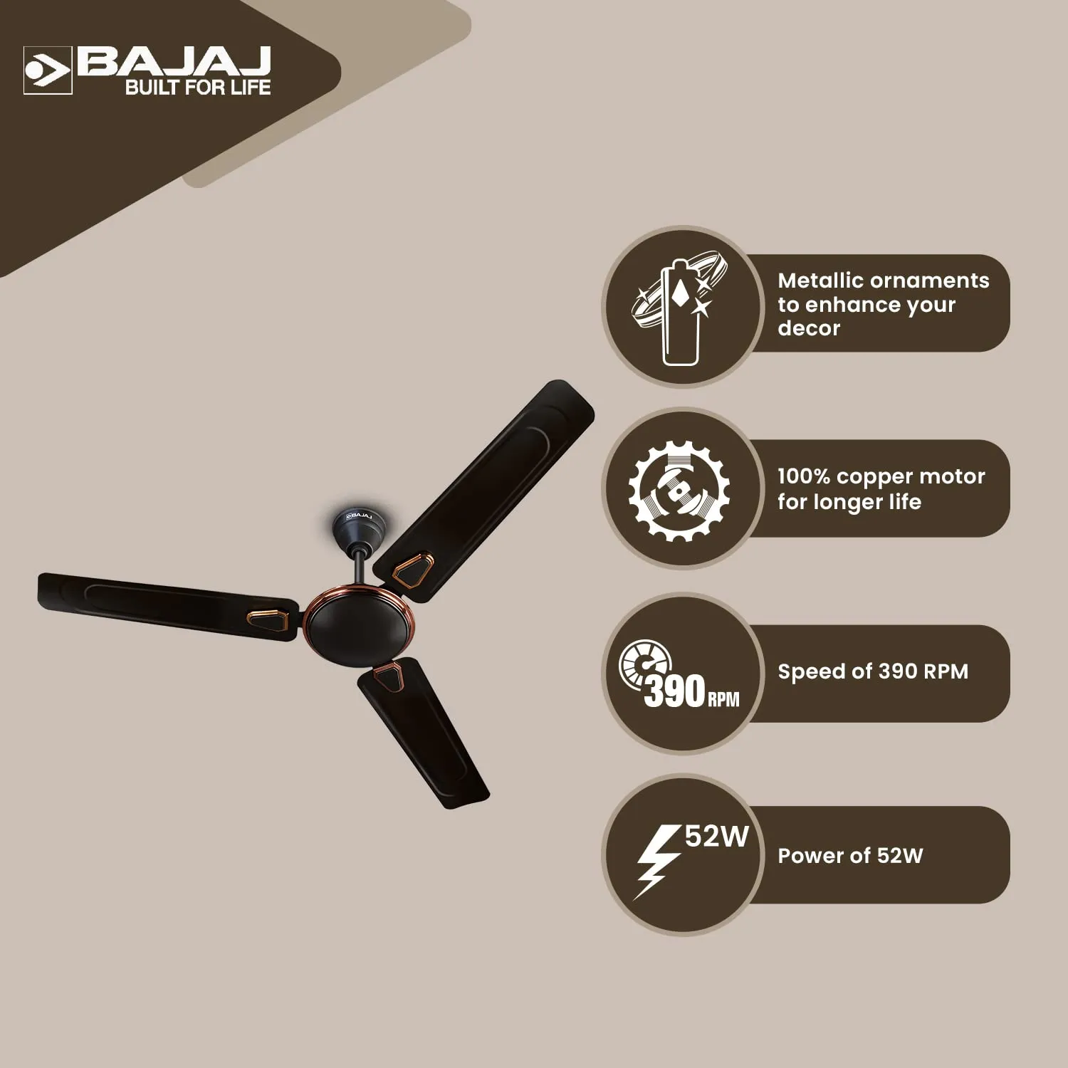 Bajaj Edge HS Neo DECO EE 1200mm (48") Ceiling Fans for Home |BEE Star Rated Energy Efficient Ceiling Fan|Unique Deco Trims|Rust Free Coating|HighSpeed