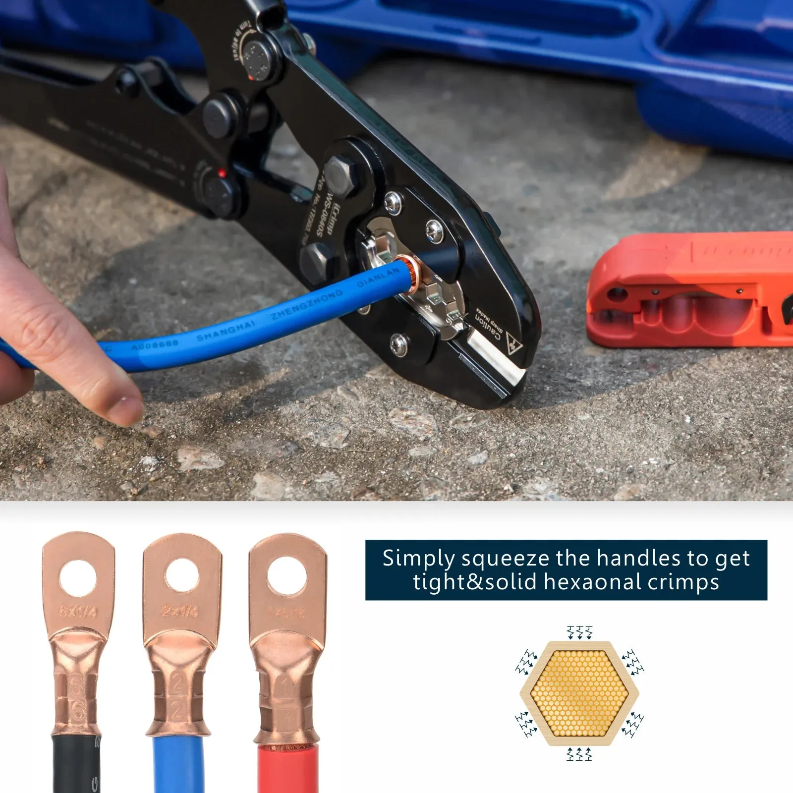 Battery Cable Lug Crimping Tool Kit for 8 to 4 Gauge Wire Terminals, Battery Cable Ends with Radial Wire Stripper