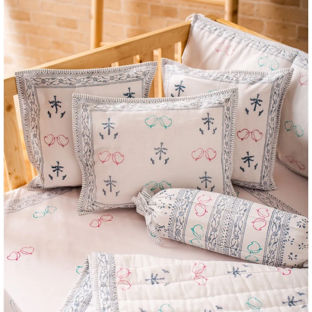 Bird And Tree Hand Block Printed Cot Bedding Set