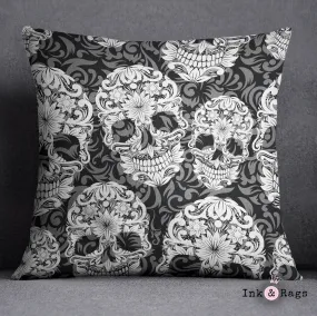 Black & White Scroll Sugar Skull Throw Pillow