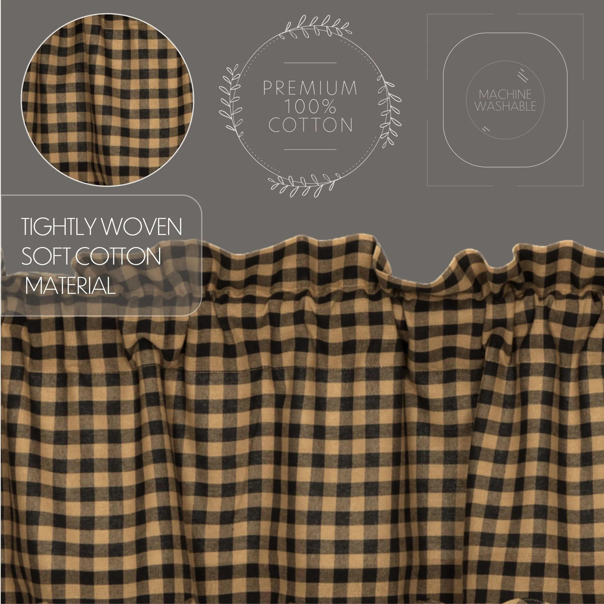 Black Check Scalloped Prairie Short Panel Curtain Set of 2 63x36x18