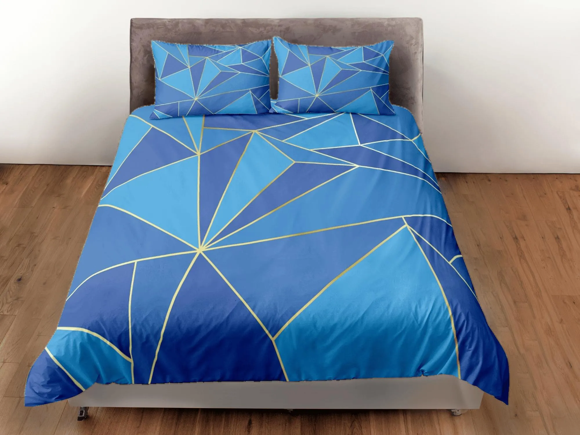 Blue Geometric Bedding Set Luxury Duvet Cover, Aesthetic Zipper Bedding, Printed Doona Cover, California King, Queen, Full, Twin, Crib