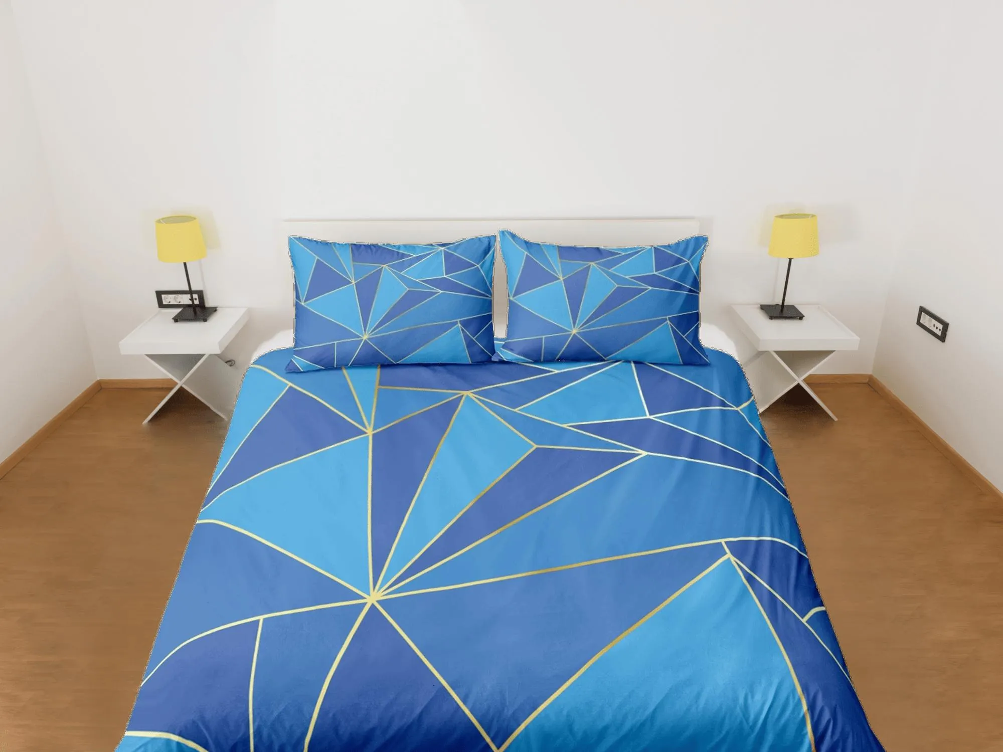 Blue Geometric Bedding Set Luxury Duvet Cover, Aesthetic Zipper Bedding, Printed Doona Cover, California King, Queen, Full, Twin, Crib