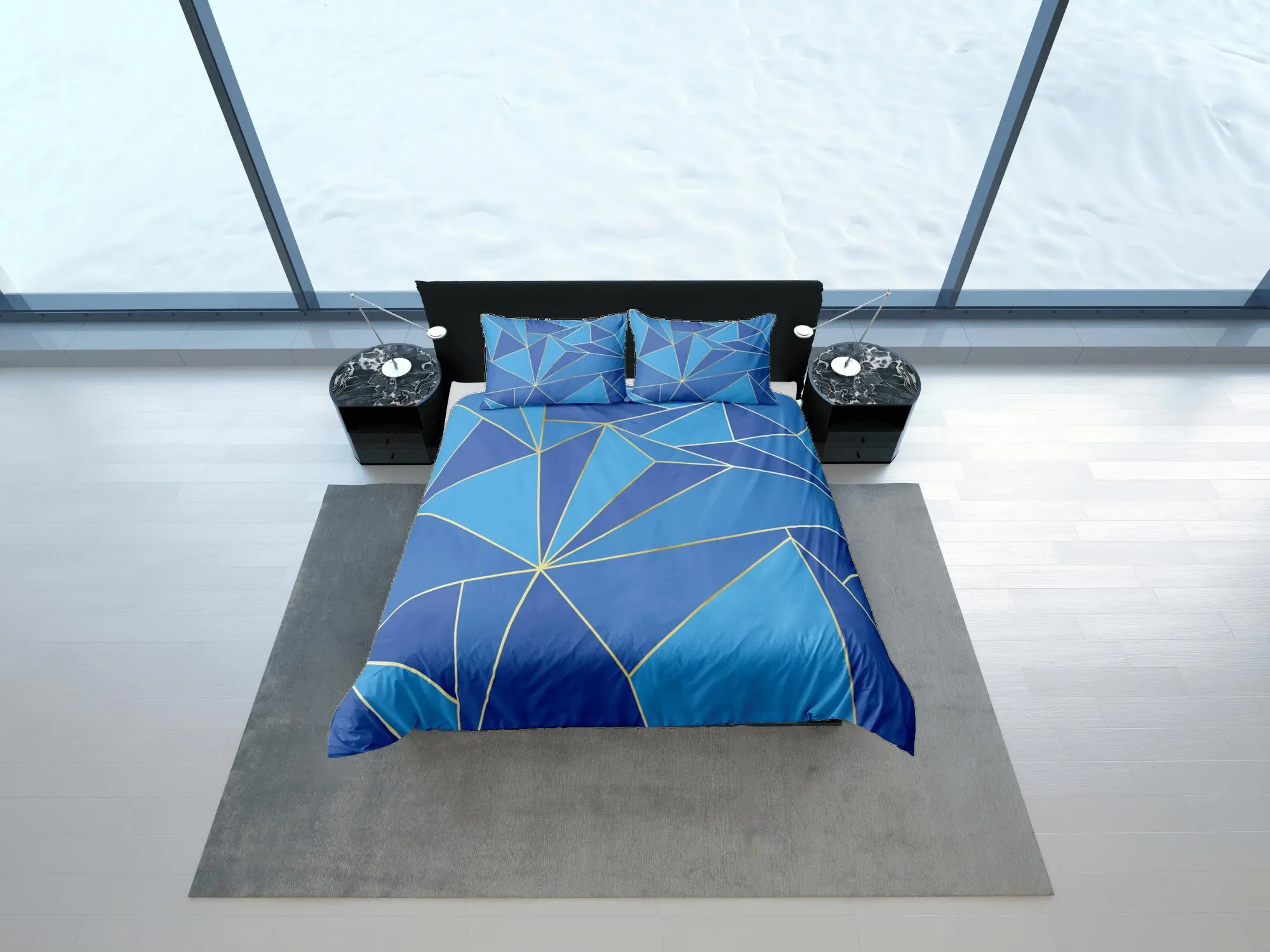 Blue Geometric Bedding Set Luxury Duvet Cover, Aesthetic Zipper Bedding, Printed Doona Cover, California King, Queen, Full, Twin, Crib