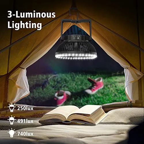 Camping Fan with Led Lantern - 10000mAh 8inch Rechargeable Battery Operated Tent Fan with Light and Hanging Hook for Outdoor Camping Tent RV Travel Fishing Hurricane Emergency Power Outage