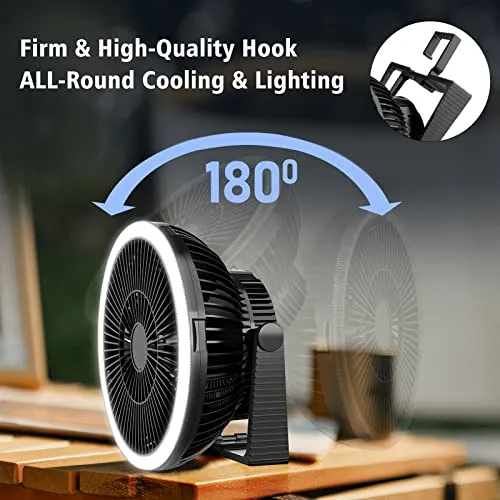 Camping Fan with Led Lantern - 10000mAh 8inch Rechargeable Battery Operated Tent Fan with Light and Hanging Hook for Outdoor Camping Tent RV Travel Fishing Hurricane Emergency Power Outage