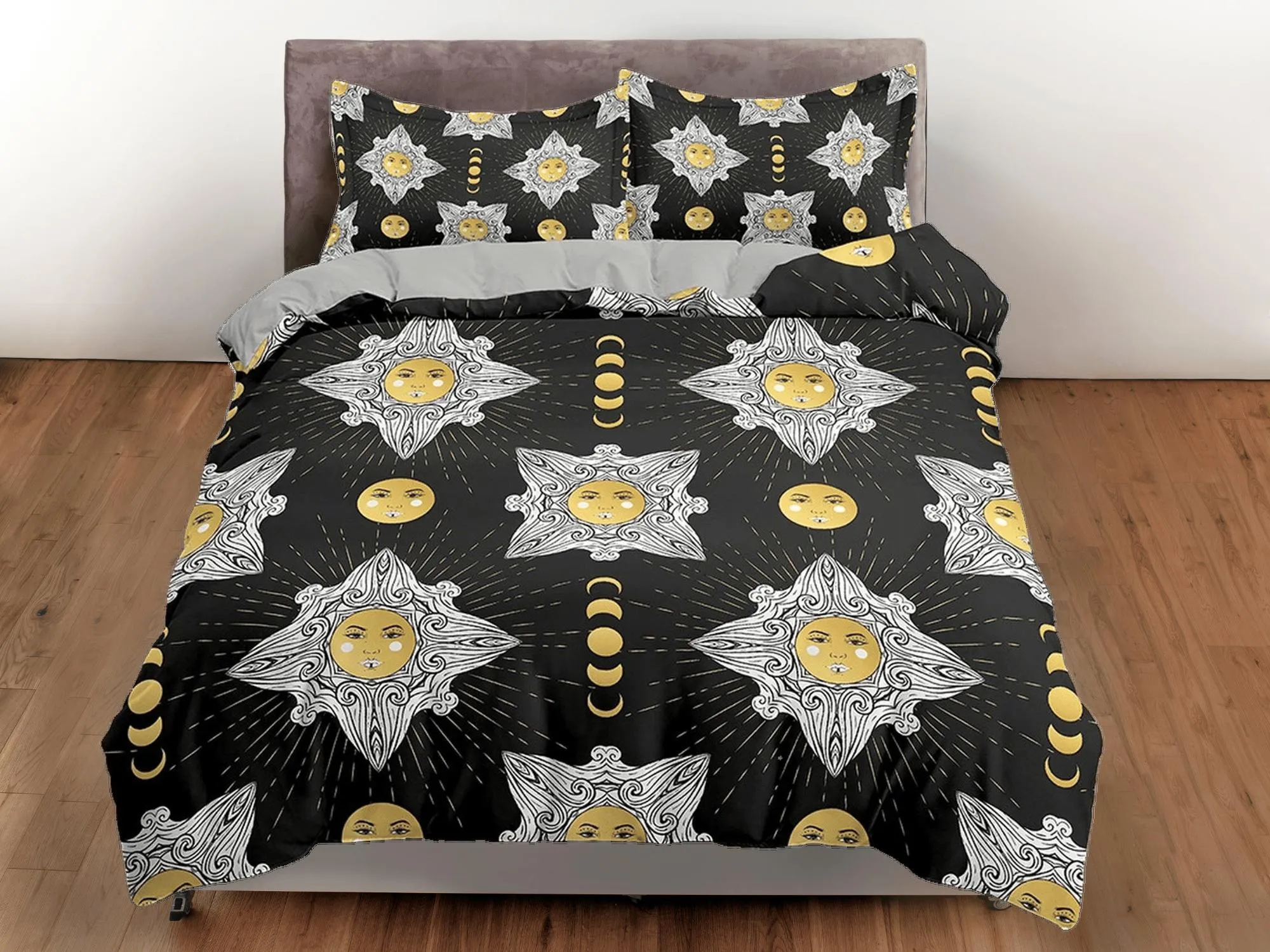 Celestial bedding phases of moon, witchy decor dorm bedding, aesthetic duvet, boho bedding set full king queen, astrology gifts, gothic art