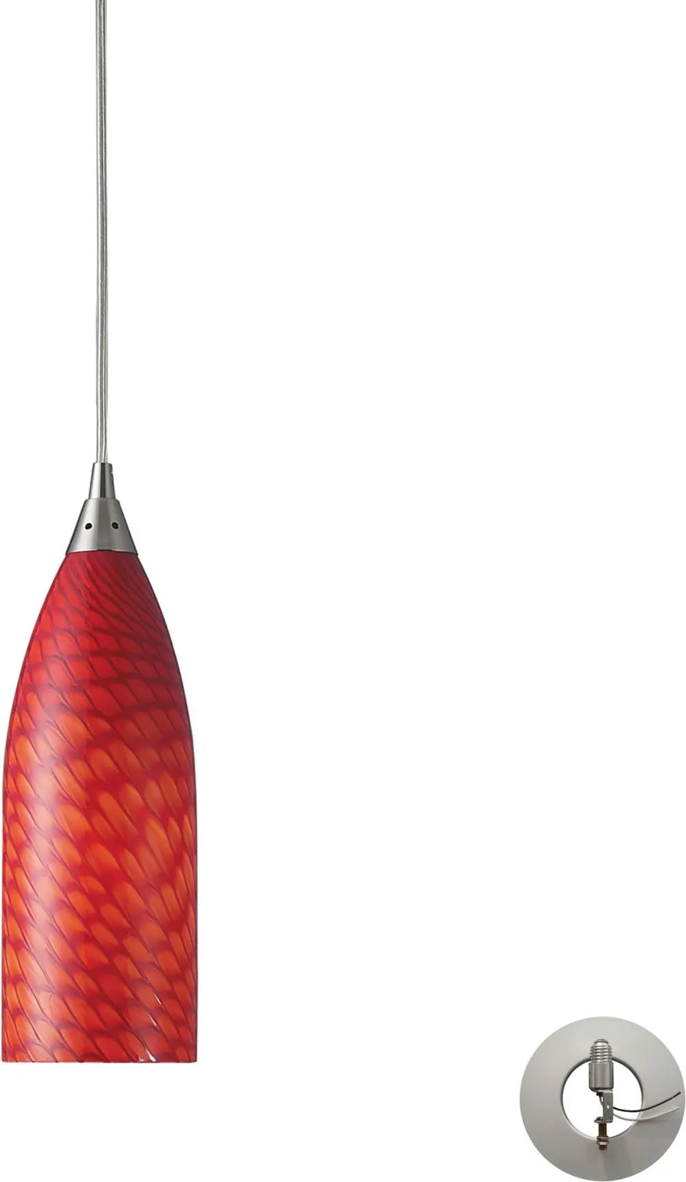 Cilindro 1 Light Pendant In Satin Nickel and Scarlet Glass - Includes Recessed Lighting Kit