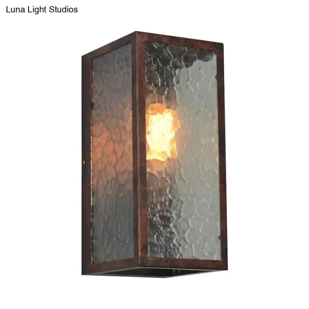 Clear Cracked Glass Rectangle Restaurant Sconce Lamp in Weathered Copper