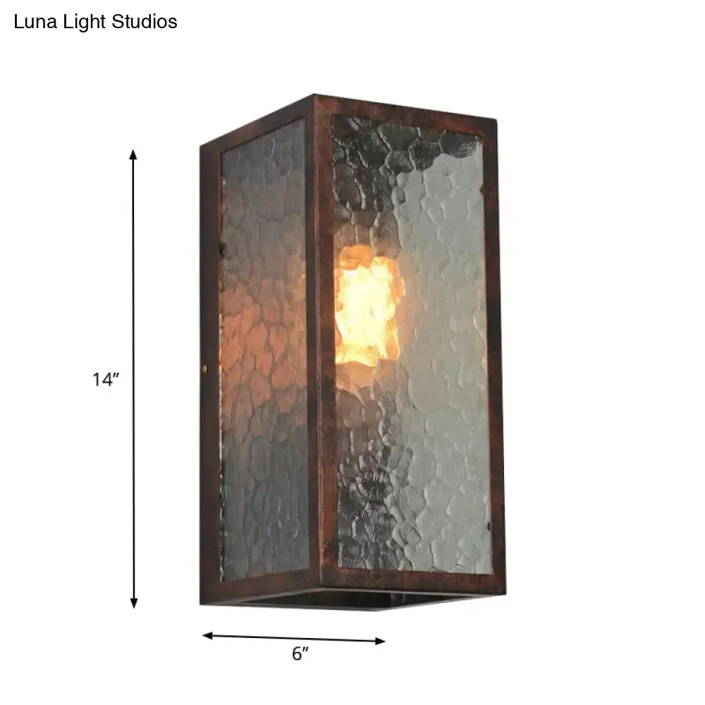 Clear Cracked Glass Rectangle Restaurant Sconce Lamp in Weathered Copper