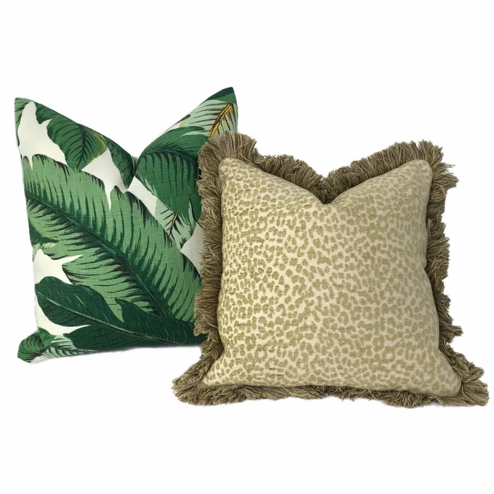 (CLEARANCE) Banana Leaf Tropical Palm Leaves Green Linen Print Pillow Cover