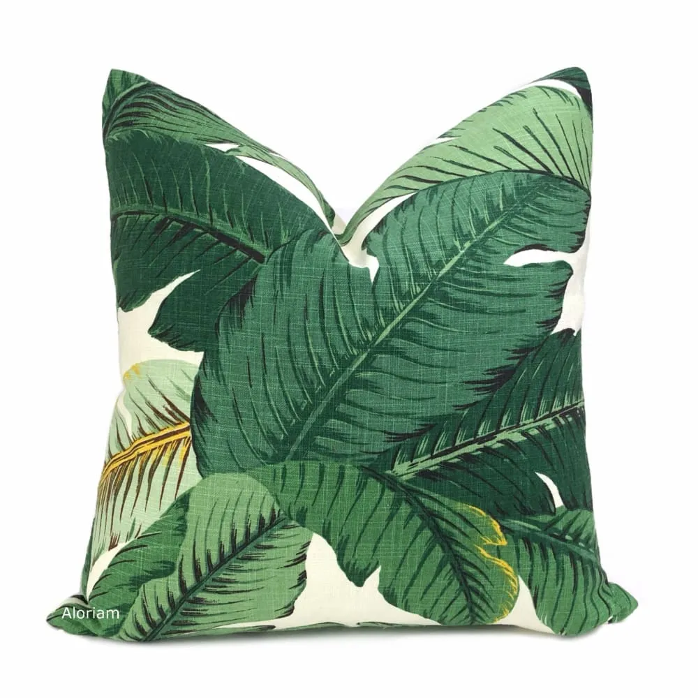 (CLEARANCE) Banana Leaf Tropical Palm Leaves Green Linen Print Pillow Cover