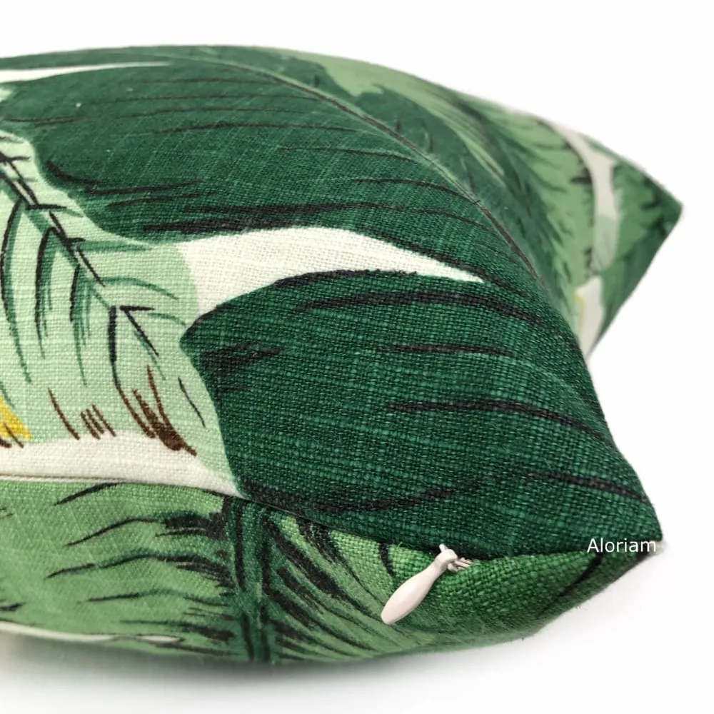 (CLEARANCE) Banana Leaf Tropical Palm Leaves Green Linen Print Pillow Cover